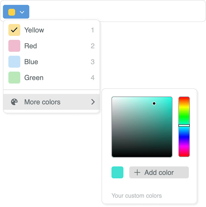 The annotation colour menu in the PDF viewer toolbar with Yellow ticked above Red, Blue and Green, and a “More colors” panel open showing a colour picker and an “Add color” button.